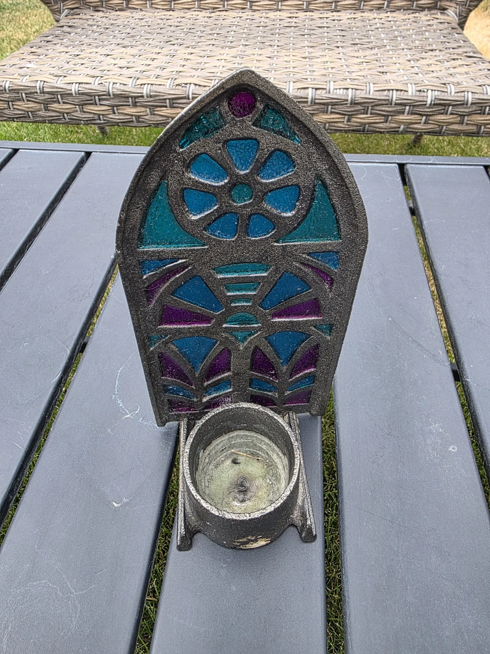 Colonial Candle Japan Cast Iron Cathedral Stained Glass Candle Holder Votive